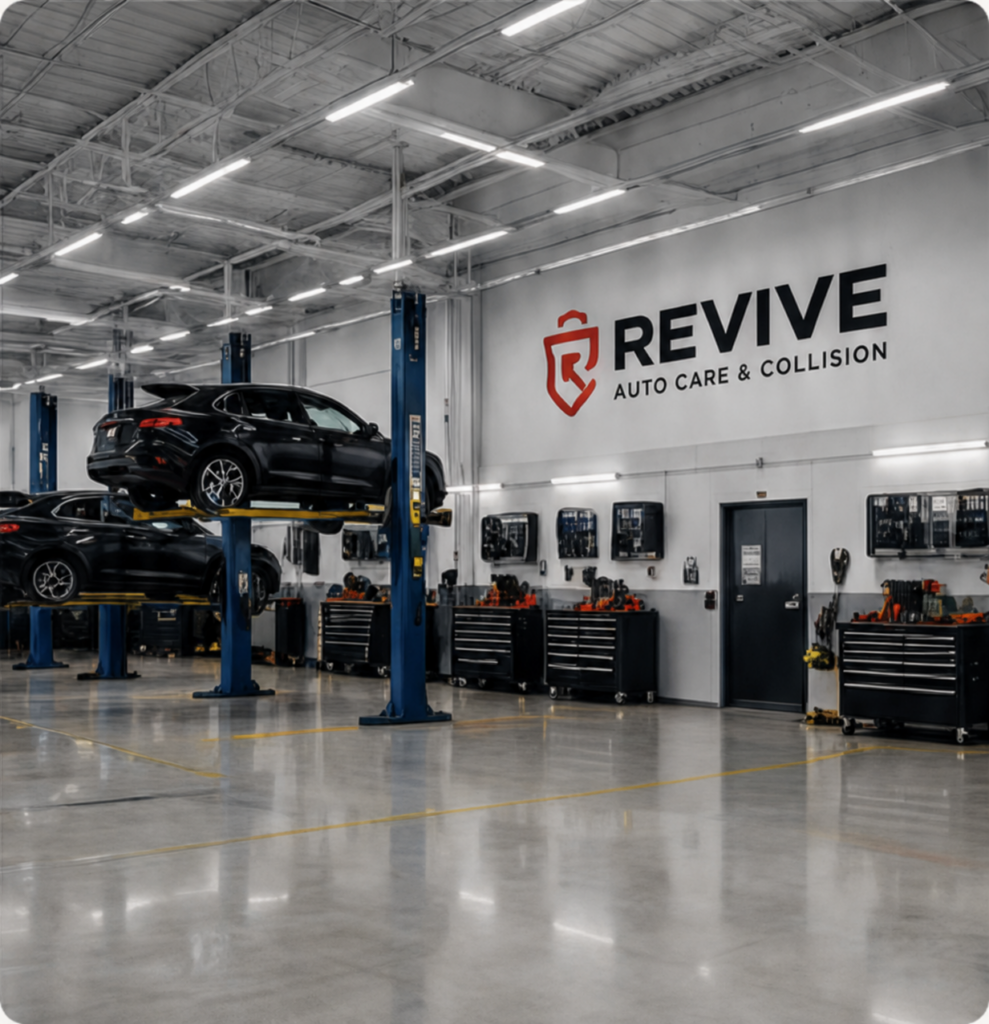 Revive Auto & Collision repair services facility with vehicles on lifts